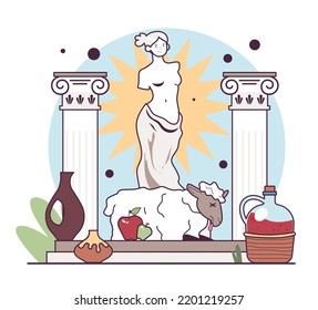 Polytheismus. Alte griechische Göttin Aphrodite Tempel und Altar. Menschen opfern Waren für olympische Götter. Vertretung von Kräften der Natur oder von Prinzipien der Vorfahren. Flache Vektorgrafik