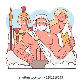 Polytheism. Ancient Greece gods and goddesses. Zeus, Ares and Hera. Representation of forces of nature or ancestral principles. Flat vector illustration