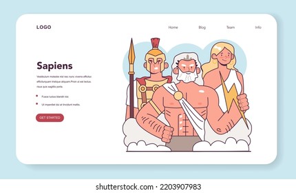 Banner web o página de inicio del politeísmo. Antiguos dioses y diosas de Grecia. Zeus, Ares y Hera. Representación de fuerzas de la naturaleza o principios ancestrales. Ilustración vectorial plana