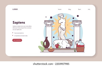 Polytheism web banner or landing page. Ancient Greece goddess Aphrodite temple and altar. People sacrifice goods for olympian gods. Representation of forces of nature. Flat vector illustration