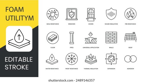 Polyurethane foam properties and places of application, vector line icon set with editable stroke, Adhesion and Water and Frost resistance, Doors and Sound insulation, Roof and Windows