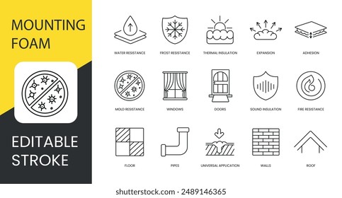 Polyurethane foam properties and places of application, vector line icon set with editable stroke, Adhesion and Water and Frost resistance, Doors and Sound insulation, Roof and Windows