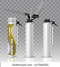 Polyurethane mounting foam packaging tube wih gun mockup set. Vector realistic illustration isolated on transparent background.