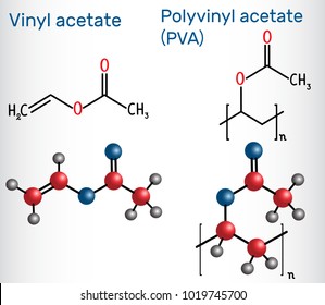 Polyvinyl acetate (PVA) polymer and vinyl acetate monomer molecule . Structural chemical formula and molecule model. Vector illustration