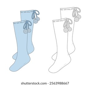 Pom pom knee high socks technical flat drawing vector mockup template.