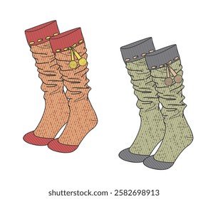 Pom pom knit socks flat sketch vector mockup template technical illustration.