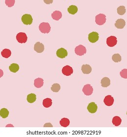 Pom poms of seamless pattern. Hand drawn cute background. Repeated texture in doodle style for fabric, wrapping paper, wallpaper, tissue. Vector illustration.