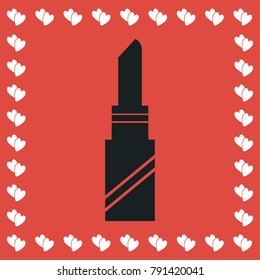 Pomade lipstick icon flat. Simple black pictogram on red background with white hearts for valentines day. Vector illustration symbol