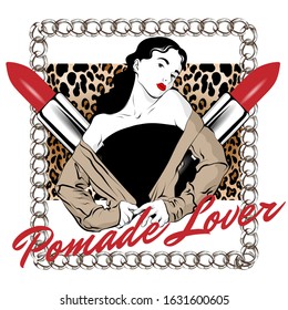 Pomade lover. Vector hand drawn illustration of girl with chain and leopard print isolated. Creative artwork. Template for card, poster, banner, print for t-shirt, pin, badge, patch.