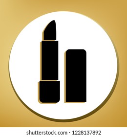 Pomade simple sign. Vector. Black icon with light brown shadow in white circle with shaped ring at golden background.