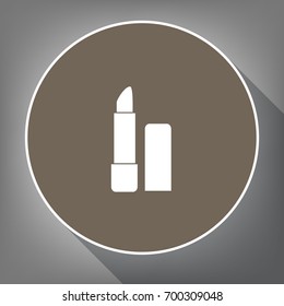 Pomade simple sign. Vector. White icon on brown circle with white contour and long shadow at gray background. Like top view on postament.