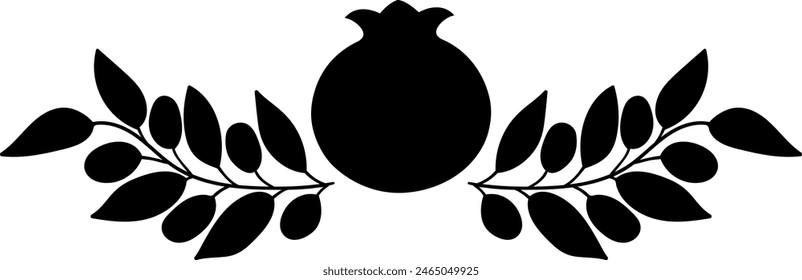 Pomegranat and olive branches black floral composition silhouette. Isolated vector. Use on any background