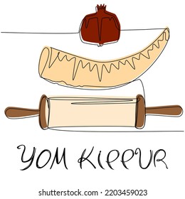 Pomegranate, animal horn, and manuscript in one line with the color silhouette. Vector concept for Yom Kippur celebration.