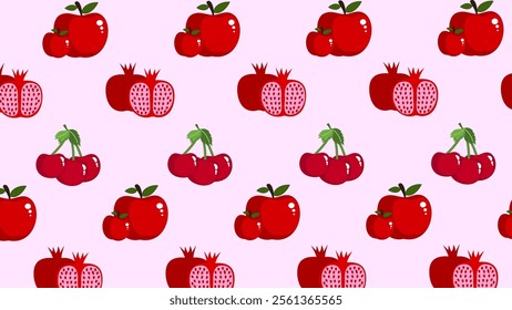 Pomegranate, apple, cherry fruit pattern background. Vector of Pomegranate, apple, cherry fruit icon. Perfect for textile, fabric, print, web, business, ads, social media, many more. SSTKbackgrounds 