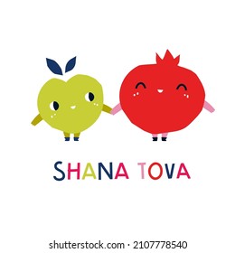 Pomegranate and apple are friends, cute fruits for the Rosh Hashanah holiday. Children's greeting card for the Jewish holiday 