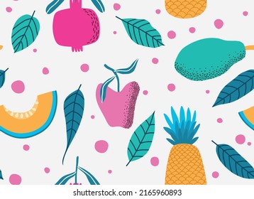 pomegranate, apple, papaya, melon, pineapple, leaf. seamless pattern. Cute summer fruit background.