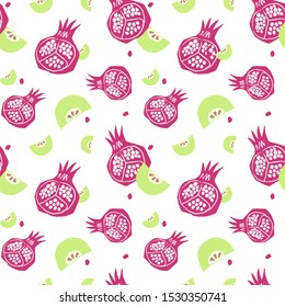 Pomegranate and apples seamless vector pattern on the white background. Symbols of Jewish holiday Rosh Hashana. Hand drawn illustration.