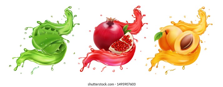 Pomegranate, apricot aloe splash of juice. Healthy food, Natural fruit beverage 3d realistic vector icon set