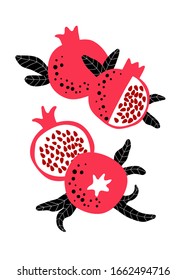 Pomegranate art poster with red fruits, seeds and leaves. Vector drawing. Simple flat illustration. Vector retro style.