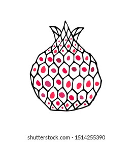 
Pomegranate art work with red grains inside. Bicolor hand drawn isolated painting on white background. Honeycombs with ruby seeds. Illustration, decorative doodle element for print.