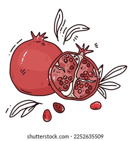 pomegranate artwork with line leaves, cute illustration with colorful fruit