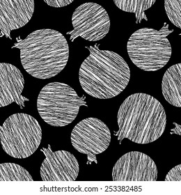 Pomegranate background. Endless monochrome texture. Seamless vector pattern with scratched pomegranates. Summer harvest backdrop. Black background pattern. Dessert template.