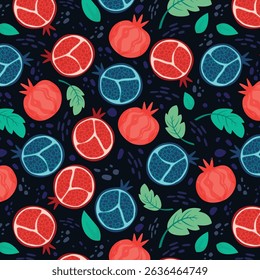 Fundo românico. Fruto padrão sem emenda com frutos inteiros e sementes. Arte de papel de parede. Simples ilustração fofa no estilo de desenho animado plano. Design vetorial.