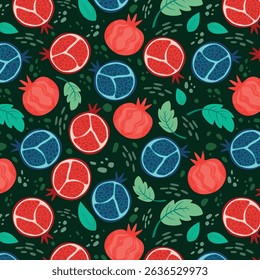 Pomegranate background. Fruit seamless pattern with whole fruit and seeds. Wallpaper art. Simple cute illustration in cartoon flat style. Vector design.