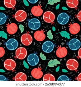 Pomegranate background. Fruit seamless pattern with whole fruit and seeds. Wallpaper art. Simple cute illustration in cartoon flat style. Vector design.