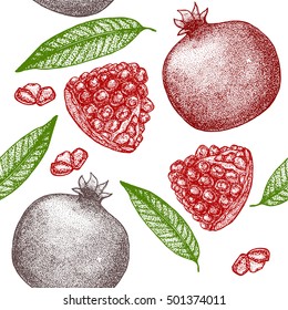 Pomegranate Background with Seeds and Leaf Hand Draw Sketch. Pattern White. Vector illustration of  fruit, leaf and pieces background for restaurant menu.
