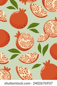 Pomegranate background with whole and slices fruits. Summer vitamin vector illustration for banner, poster, flyer, card, notebook. a4 format.	