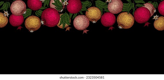 Pomegranate banner. Pomegranate plant branch with fruits. Vintage Pomegranates border. Hand drawn ink style fruit background. Pomegranate tree, ripe fruit. Rosh hashanah illustration. Textile, fabric 
