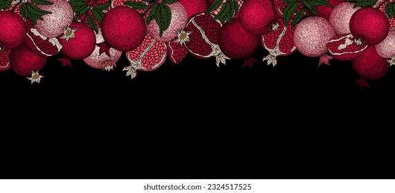 
Pomegranate banner. Pomegranate plant branch with fruits. Vintage Pomegranates border. Hand drawn ink style fruit background. Pomegranate tree, ripe fruit. Rosh hashanah print. Textile, fabric textur