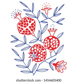 Pomegranate branch with fruits and a flowers. Vector illustration