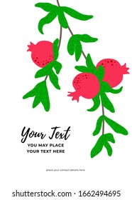 Pomegranate branch for poster with text. Red fruits hanging on twig with green leaves.  Summer fruit background template for invitation, poster and banner. Botanical illustration.