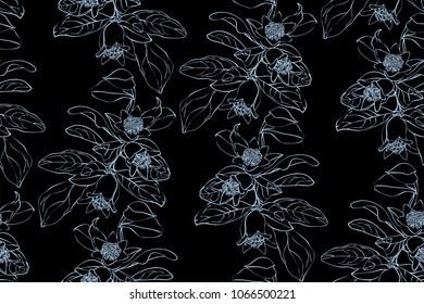 Pomegranate branch seamless pattern on black background. Floral disign vector illustration in hand drawn style. Textile prints, wrapping paper, scrapbook.
