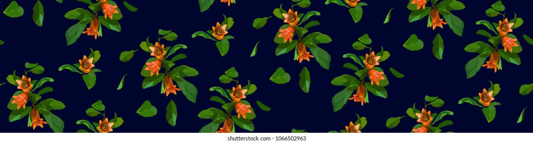 Pomegranate branch seamless pattern on navy blue background. Floral disign vector illustration in hand drawn style. Textile prints, wrapping paper, scrapbook.