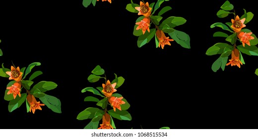 Pomegranate branch seamless pattern on black background. Floral disign vector illustration in hand drawn style. Textile prints, wrapping paper, scrapbook.