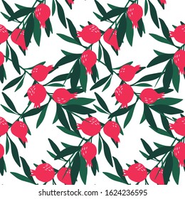 Pomegranate branch seamless pattern on white background. Doodle  summer botanical wallpaper. Design for fabric, textile print, wrapping paper. Vector illustration