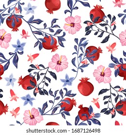 Pomegranate branches with flowers and fruits on a white background. Botanical print, seamless pattern.