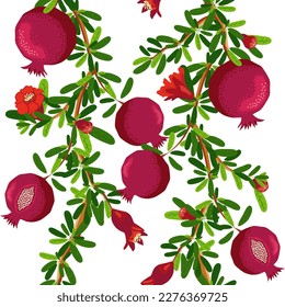 Pomegranate branches with fruits and flowers Seamless pattern. Bright leaves and fruits, seeds and lobules. Shana Tova seamless pattern. Jewish New Year with Rosh Hashanah, Yalda
