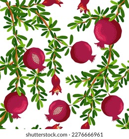 Pomegranate branches with fruits and flowers Seamless pattern. Bright leaves and fruits, seeds and lobules. Shana Tova seamless pattern. Jewish New Year with Rosh Hashanah, Yalda