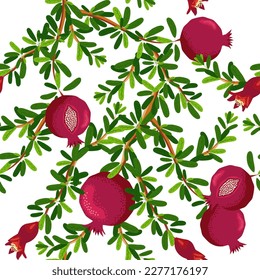 Pomegranate branches with fruits and flowers Seamless pattern. Bright leaves and fruits, seeds and lobules. Shana Tova seamless pattern. Jewish New Year with Rosh Hashanah, Yalda