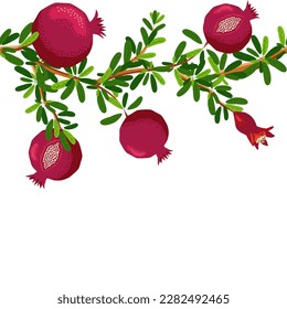 Pomegranate branches with fruits and flowers Seamless pattern. Bright leaves and fruits, seeds and lobules. Shana Tova seamless pattern. Jewish New Year with Rosh Hashanah, Yalda