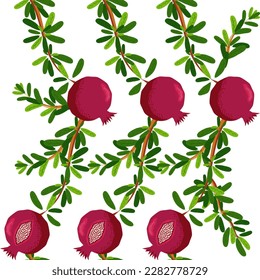 Pomegranate branches with fruits and flowers Seamless pattern. Bright leaves and fruits, seeds and lobules. Shana Tova seamless pattern. Jewish New Year with Rosh Hashanah, Yalda