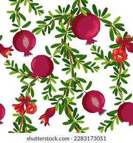 Pomegranate branches with fruits and flowers Seamless pattern. Bright leaves and fruits, seeds and lobules. Shana Tova seamless pattern. Jewish New Year with Rosh Hashanah, Yalda