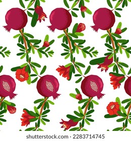 Pomegranate branches with fruits and flowers Seamless pattern. Bright leaves and fruits, seeds and lobules. Shana Tova seamless pattern. Jewish New Year with Rosh Hashanah, Yalda