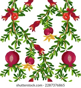 Pomegranate branches with fruits and flowers Seamless pattern. Bright leaves and fruits, seeds and lobules. Shana Tova seamless pattern. Jewish New Year with Rosh Hashanah, Yalda