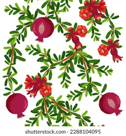 Pomegranate branches with fruits and flowers Seamless pattern. Bright leaves and fruits, seeds and lobules. Shana Tova seamless pattern. Jewish New Year with Rosh Hashanah, Yalda