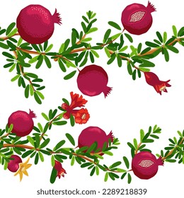 Pomegranate branches with fruits and flowers Seamless pattern. Bright leaves and fruits, seeds and lobules. Shana Tova seamless pattern. Jewish New Year with Rosh Hashanah, Yalda